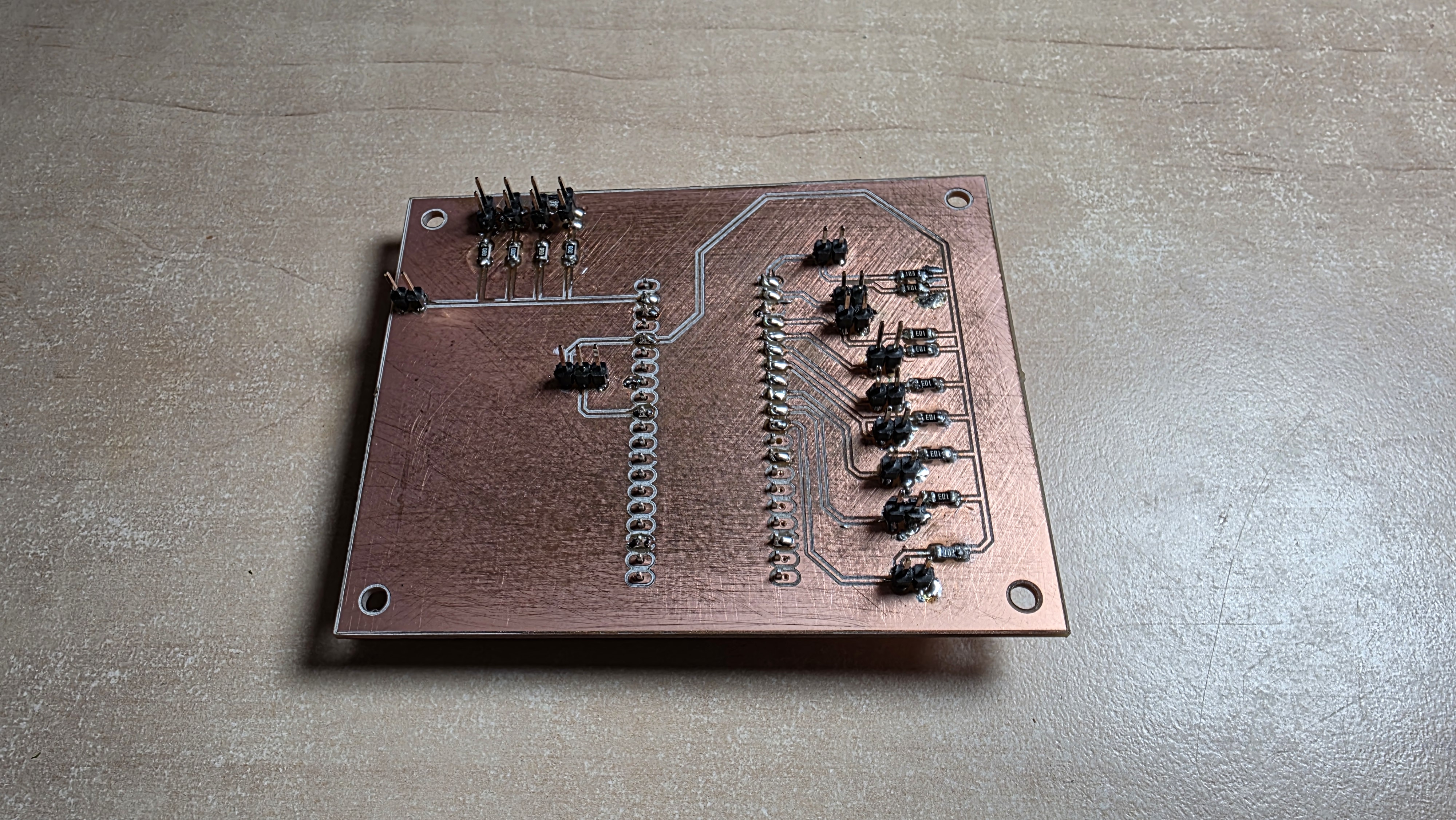 The milled and soldered PCB
